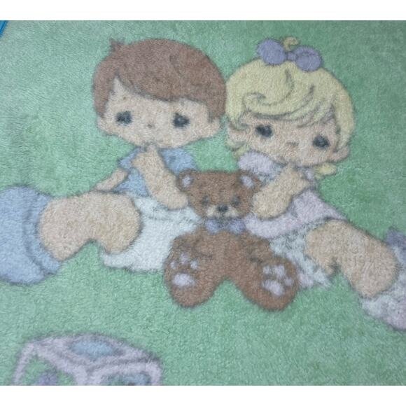 Vintage Precious Moments Baby Blanket Fleece Plush Green Blue Boy Girl Stars - Picture 7 of 11